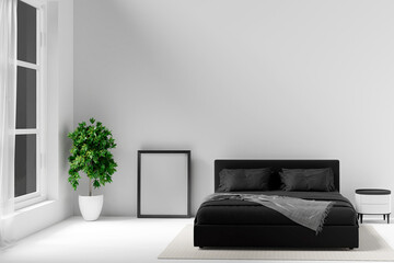 Interior poster mock up on the wall with black bed and flower in bedroom interior. 3D rendering.