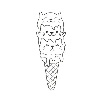 Cute ice cream cone with kawaii cat face cartoon character illustration. Hand drawn style design, line art, isolated vector. Black and white coloring pages. Print element, logo, sweet food, cafe menu