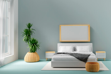 Fototapeta na wymiar Interior poster mock up on the wall with grey bed and flower in bedroom interior. 3D rendering.
