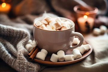 Cup of hot cocoa with marshmallows and a sprinkle of cinnamon