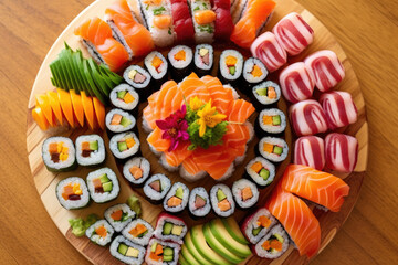 Colorful spread of sushi rolls on a wooden platter