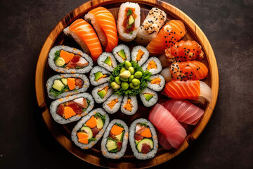 Colorful spread of sushi rolls on a wooden platter