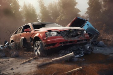 Obraz na płótnie Canvas Crashed abandoned car. Generate Ai