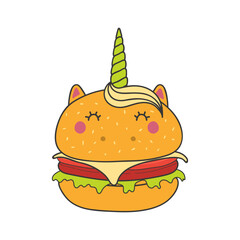 Cute hamburger with kawaii unicorn face cartoon character illustration. Hand drawn style design, line art, isolated vector. Kids print element, food logo, cooking, cafe menu