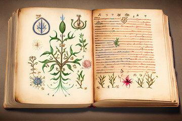 A vintage scientific drawing of plants in an old book, generative ai