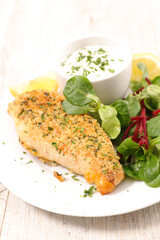 chicken breast breaded with fresh salad and sauce