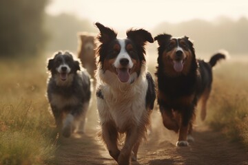 Dogs happy group sunset. Generate Ai