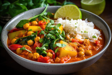 Bowl of vibrant vegetable curry with chickpeas and basmati rice
