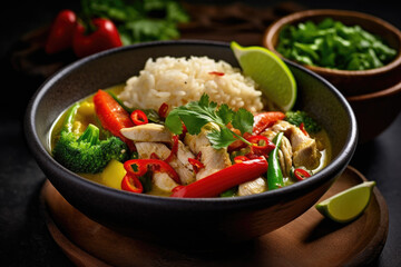 Spicy Thai green curry with chicken, vegetables, and jasmine rice - obrazy, fototapety, plakaty