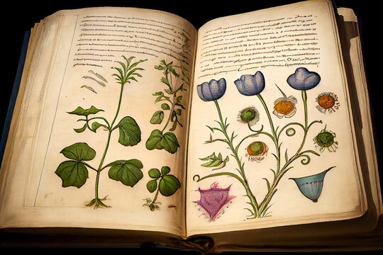A vintage scientific drawing of plants in an old book, generative ai