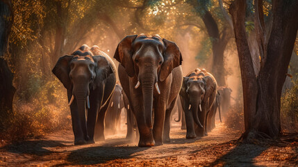 Fototapeta na wymiar Elephants walking on a dirt road