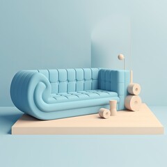a blue couch sitting on top of a wooden floor, a screenshot, behance contest winner, cream and blue color scheme, retaildesignblog, cute features, generative ai