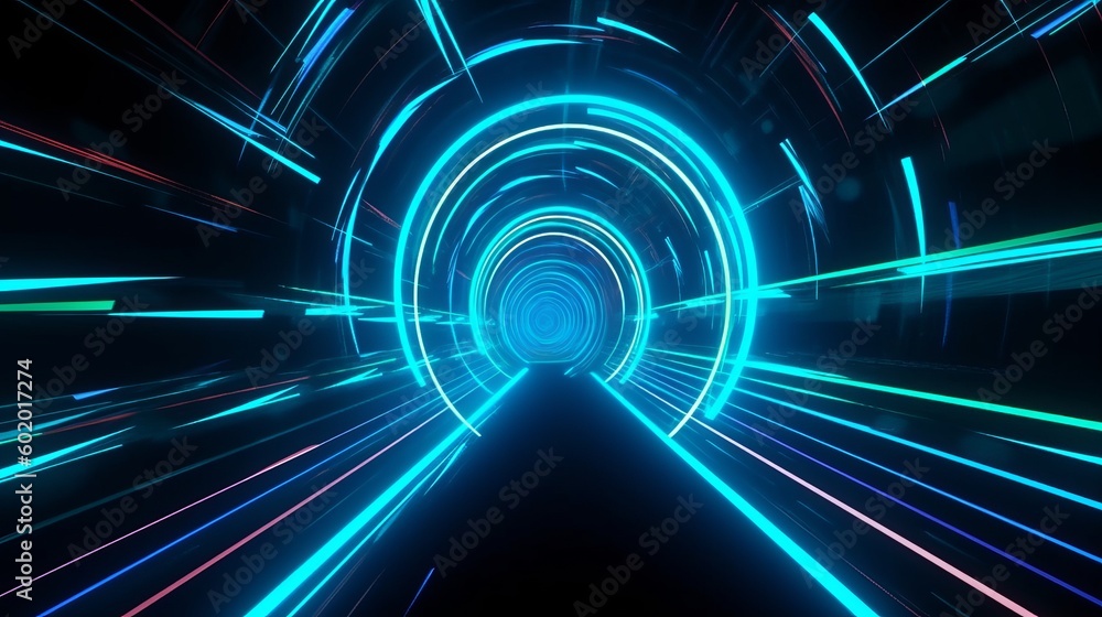 Poster speed of digital lights, neon glowing rays in motion into digital technologic tunnels. generative ai