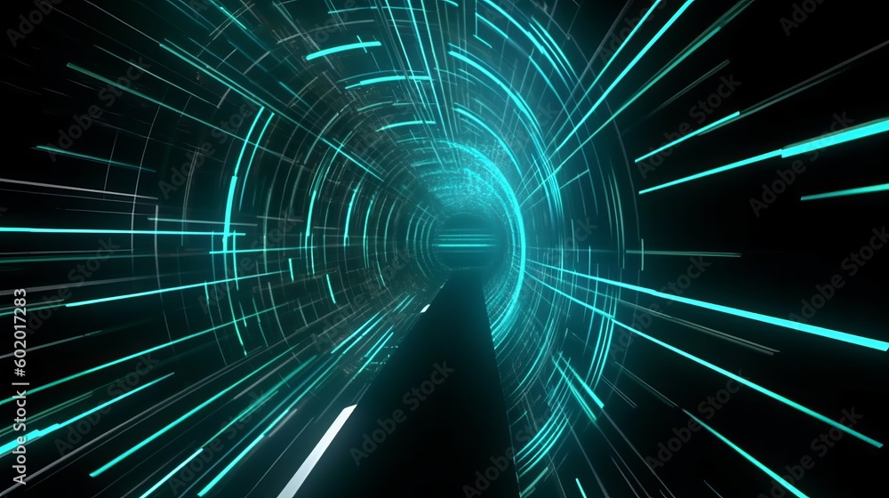 Poster speed of digital lights, neon glowing rays in motion into digital technologic tunnels. generative ai