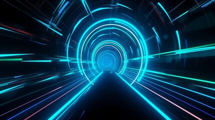 speed of digital lights, neon glowing rays in motion into digital technologic tunnels. generative ai