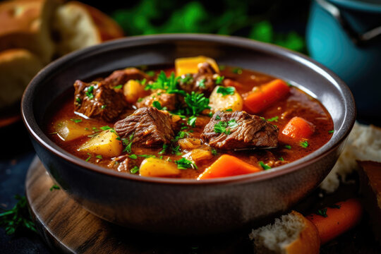 Bowl of hearty beef stew with carrots and potatoes