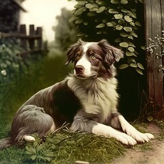 AI Generated. AI Generative. Photo realistic old vintage retro photo illustration of pet cute dog. Hand colored photography. Graphic Art