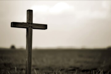 cross on the hill, wooden cross in the open field