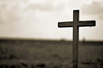 wooden cross in the open field, cross in the graveyard