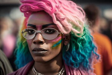 A proud bisexual person smiles brightly, their vibrant attire representing the rich tapestry of the LGBT community and the celebration of diverse orientations. Generative AI.