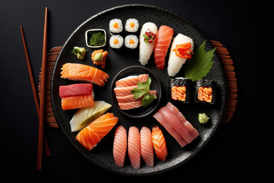 Platter of assorted sushi nigiri with fresh fish and wasabi