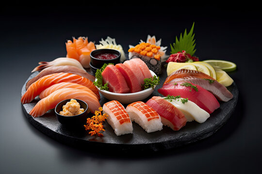 Platter of assorted sushi nigiri with fresh fish and wasabi