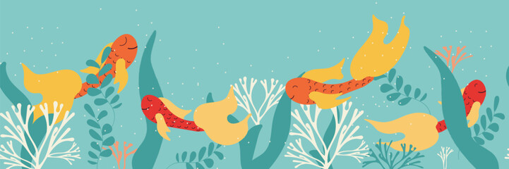 A blue seamless border with a yellow fishes. Vector illustration