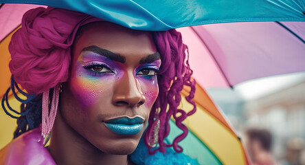 Portrait of a confident young transsexual person at the vibrant LGBT Pride parade, exuding joy and embracing her true self with colorful pride flags. Generative AI.