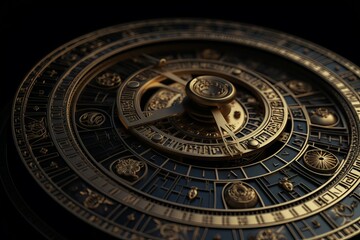 Golden zodiac circle clock. Generate Ai