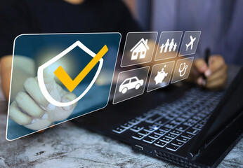 People in black is clicking virtual screens on computers to choose life insurance plans such as travel, health, car and home insurance.