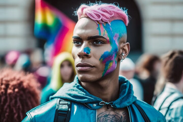 Powerful LGBTQ+ African American activist, courageously advocating for inclusivity, diversity, and justice at the heart of the Pride rally. Generative AI.