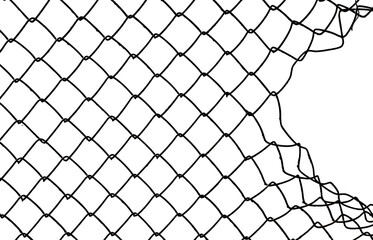 The texture of the metal mesh on a white background. Torn steel, metal mesh with holes