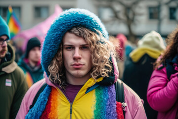 A proud man member of the LGBTQ+ community dressed in multicolored rainbow flag clothing at the vibrant Pride parade, celebrating love and equality. Generative AI.