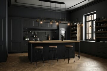 Kitchen dark interior. Generate Ai
