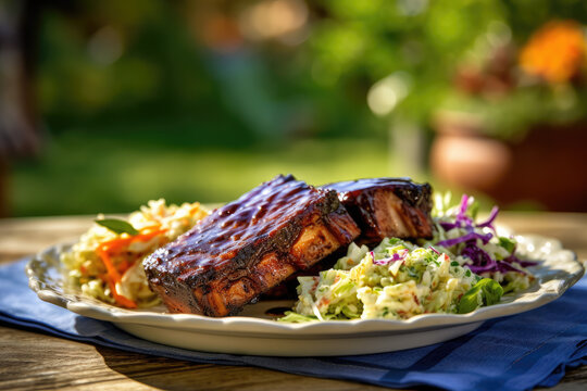 Mouthwatering BBQ ribs with a side of cornbread and coleslaw