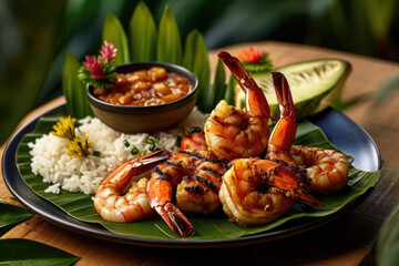 Grilled shrimp with a side of rice and vegetables