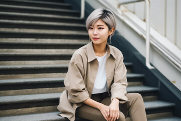 A young Asian woman standing on an outdoor staircase, looking cool and stylish in her perfectly coordinated outfit. generative AI