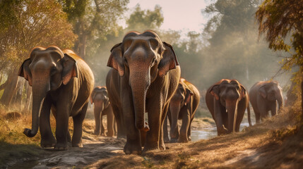 Obraz na płótnie Canvas Elephants walking on a dirt road