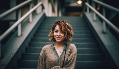 A young Asian woman standing on an outdoor staircase, looking cool and stylish in her perfectly coordinated outfit. generative AI