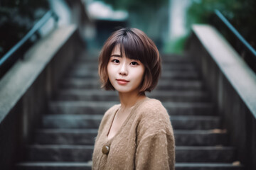 A young Asian woman standing on an outdoor staircase, looking cool and stylish in her perfectly coordinated outfit. generative AI