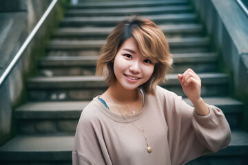 Fototapeta premium A young Asian woman standing on an outdoor staircase, looking cool and stylish in her perfectly coordinated outfit. generative AI
