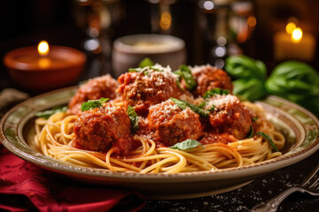 Spaghetti and meatballs with marinara sauce and parmesan cheese - obrazy, fototapety, plakaty
