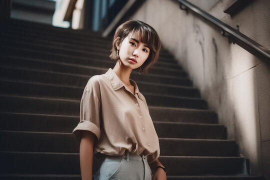 A young Asian woman standing on an outdoor staircase, looking cool and stylish in her perfectly coordinated outfit. generative AI