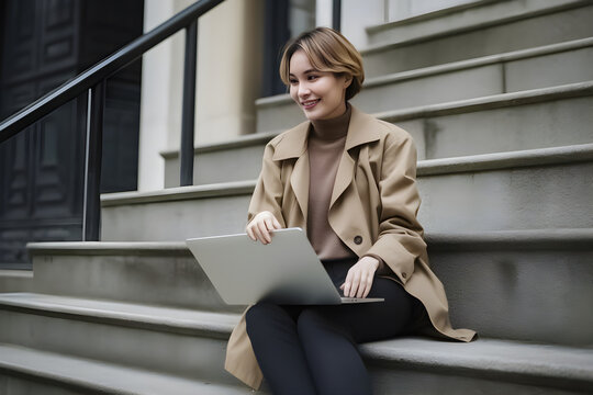 A young Asian woman standing on an outdoor staircase, looking cool and stylish in her perfectly coordinated outfit. generative AI