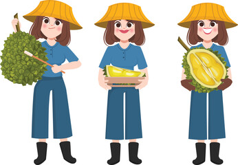 Durian fruit shop and cute woman seller. Food store market Thailand Durian Monthong best quality.