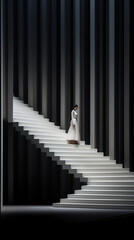 Obraz premium A woman is walking down a white staircase. AI generative