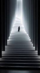 A woman is walking down a white staircase. AI generative