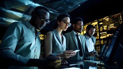 High-tech diverse group of professionals working in a futuristic environemnt, AI generated, 