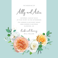 Vector floral wedding invite, save the date card. Watercolor peach, yellow roses, white jasmine flowers, green eucalyptus leaves bouquet illustration on skylight blue background. Editable illustration