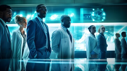 High-tech diverse group of professionals working in a futuristic environemnt, AI generated, 
